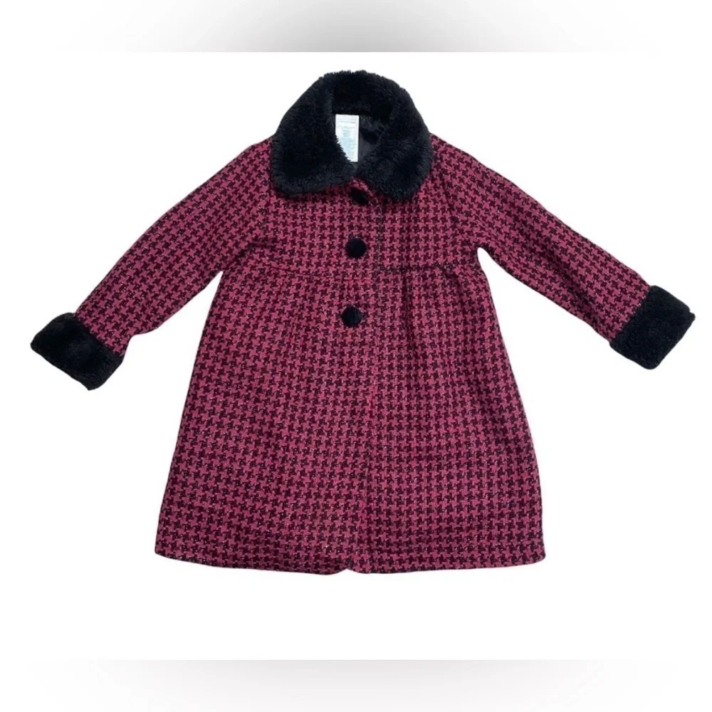 NWOT X-MAS HOLIDAY BLACK FUCHSIA PINK FAUX FUR COLLAR HOUNDS TOOTH JACKE…